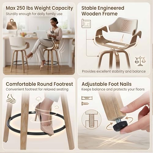 Image of 26'' Modern Barrel Swivel Counter Stools Counter Height Swivel Bar Stools with Backs Set of 2, Beige Linen Upholstered Bar Height stools, Farmhouse Solid Wood Barstools for Kitchen Island, Home Bar