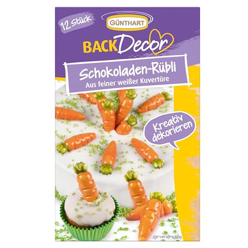 Günthart BackDecor 12 Schokoladen-Rübli aus weißer Kuvertüre für einen Rübli-Kuchen zum Dekorieren und Verzieren von Süßspeisen passend zu Ostern  1er Pack (15 gr)