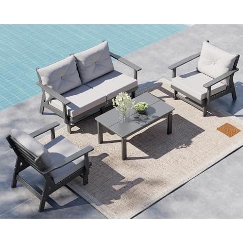 GREENVINES 5-Piece-Patio-Furniture-Set | HDPE Plastic | Outdoor Sectional Conversation Sets | All-Weather Couch | Sofa with Coffee Table | Detachable