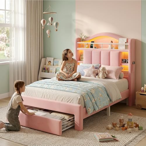 Image of Pink Twin Size LED Bed Frame with Storage Headboard, Upholstered Velvet Princess Bed for Girls with 5 Charging Ports (USB-C & AC), Hidden Privacy Compartment, Sturdy Aluminum Frame & 1 Silent Drawers