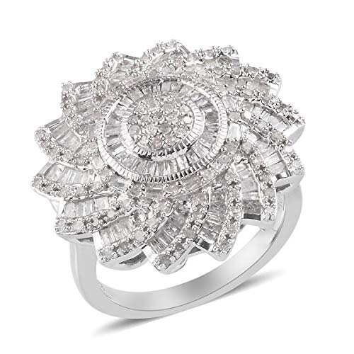 Platinum Plated 925 Sterling Silver Baguette White Diamond Flower Ring Engagement Wedding Anniversary Bridal Jewelry Valentines Gift For Her Size 8 Ct 0.9