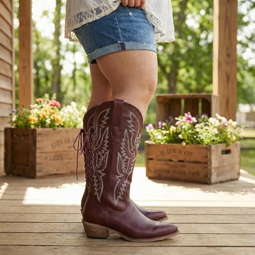 Image of Uillnoodu Wide Calf Cowboy Boots Women Adjustable Lace Up Knee High Tall Plus Size Cowgirl Boots Western Style Comfortable 2-Inch Heel