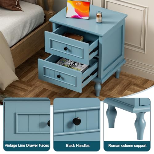 Image of Blue Nightstand Set of 2, Vintage Bedside Tables with Drawers for Bedroom | Small End Table, 2 Night Stands, Farmhouse Style, Painted Finish, Solid Wood Legs, Easy Assembly, 2 Drawers