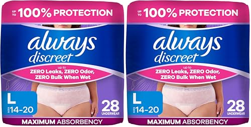 Image of Always Discreet Adult Diapers for Women, Incontinence Underwear, Postpartum Essentials, Disposable Briefs, Max Absorbency, Bladder Leak Protection, Large, 28ct (Pack of 2)