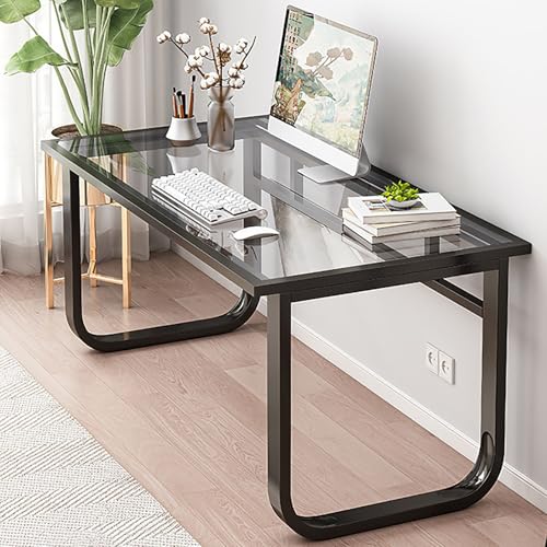 Bureau De Jeu Informatique avec Plateau En Verre Trempé, Bureau à Domicile, Table D'étude avec Cadre En Métal, Poste De Travail pour Petits Espaces, Salon,...