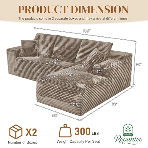 Image of 108 inch L Shaped Boneless Sectional Couches for Living Room, Comfy Corduroy Floor Cloud Sofa with Chaise, Wide Armrest, Deep Seat, Memory Foam, Assembly Free, Ideal for Small Spaces, Brown