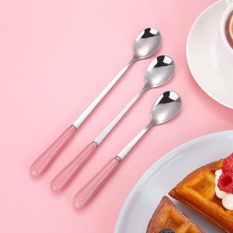 Silverware Set, 1/4/6/8 Pieces Short Handle Ceramic Stainless Steel Ice Spoon Household Dessert Ice Cream Spoon Stirring Spoon(White,8 Pieces)
