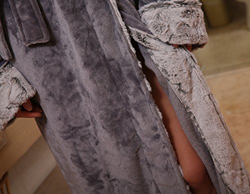 SUNBABY Thicker Long Flannel Sleepwear for Women and Man Imitation Fur Collar Bathrobes Warm Couple Pajamas (M, Grey)