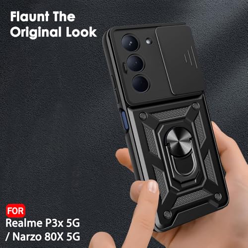 Image of TheGiftKart Tough Armor Bumper Back Cover Case for Realme P3x / Narzo 80x / Realme 14x 5G / Narzo 80 Lite 5G | Sliding Camera Cover, Kickstand & Ring Holder | 360 Protection Cover (PC & TPU, Black)