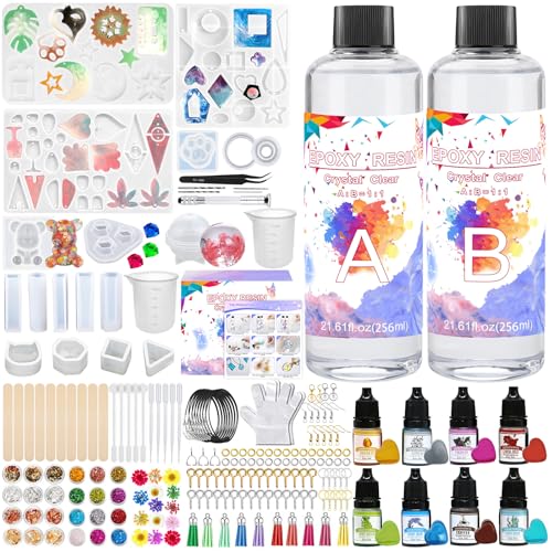 KIMIGO Resina Epoxy Transparente,Kit de resina epoxi 250ml,Pigmento de resina,Lentejuelas,Hoja de oro para la fabricación de joyas de cristal colgante pulsera
