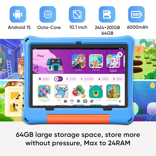 Image of aiprotablet 10 inch Kids Tablet, Android 16 Tablet for Kid, Octa-Core CPU, 24GB RAM, 64GB ROM 1TF Card Expandable for Toddler Children,Tablets with Case, Parental Control, 6000mAh,WiFi (Sky Blue)