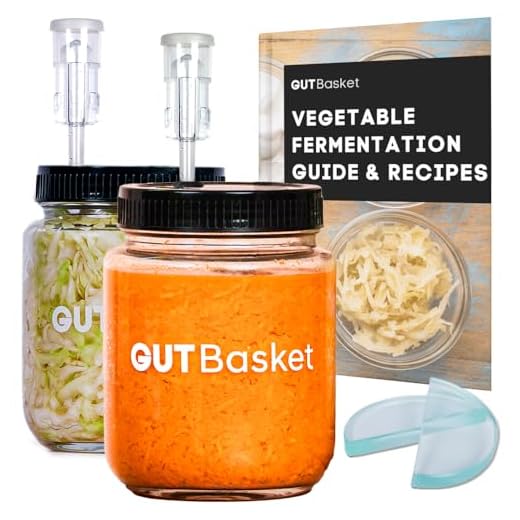 Gutbasket DIY Vegetable Fermentation Kit - Glass Jar 1 L (2 Jars), Glass Fermentation Weight, Lids, Airlock and Recipe Book with 10 Recipes | Ideal for Sauerkraut, Pickled Vegetables and Kimchi