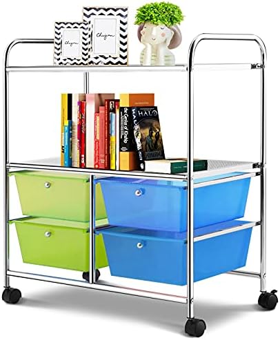 GiantexUK Storage Trolley with 4 Drawers, 3 Tier Rolling Cart with Lockable Wheels, Utility Storage Organizer for Bathroom, Kitchen, Living Room, Balcony and Entryway (Blue + Green)