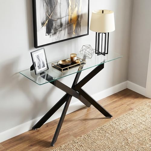COSTWAY Mesa Consola de Cristal, Mesa de Entrada con Tablero de Cristal Templado y Patas Tubulares de Metal, Mesita Ayxiliar para Salón Pasillo Entrada, 115 x 45 x 78 cm (Negro)