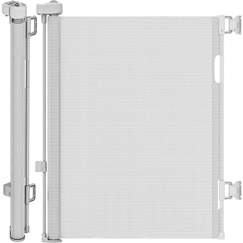 DIKOTS White Retractable Stair Gate for baby & Pet - 140 cm wide & 86 cm tall extendable baby gate - Retractable Stair Gates for Dog & cat - Baby gate for stairs, Indoor & doorways