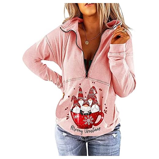 Eogrokerr Toppar med jultryck för kvinnor, sydd halv-dragkedja tröja jumper ståkrage långärmad blus, Rosa, S