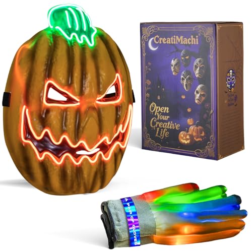 LED Mask,Halloween Costumes,Scary Halloween Masks with LED Gloves Set,Funny Cool Stuff Gifts for Men Women Adults and Teens,Terrifier Costume Light up Parties,Games,Masquerade,Themed Events,(Pumpkin)