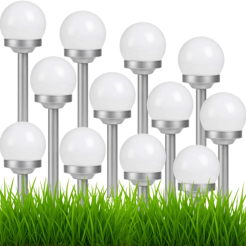 JUMI Lot de 12 Lampes Solaires Boule LED 34cm – Éclairage de Jardin à Piquer – Capteur de Crépuscule Intégré – Étanche et Écologique – Balisage...