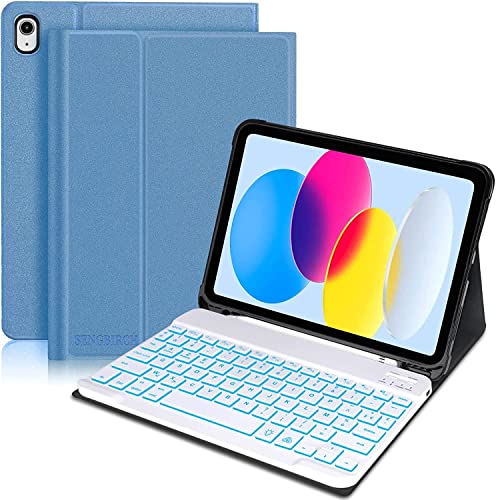 SENGBIRCH Teclado Inalámbrico para iPad 10 Generaciones 2022(10,9 Pulgadas),Funda con Español Teclado Bluetooth Desmontable para iPad 10.9 2022,Azul