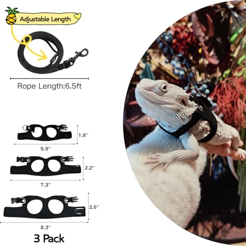 Image of Bearded Dragon Harness and Leash Set, Adjustable Harness Soft Leather-3 Sizes (S, M, L) with Leash, Lizard Reptile Traction Rope Walking Vest Accessories for Bearded Dragon, Iguana or Gecko (Black)