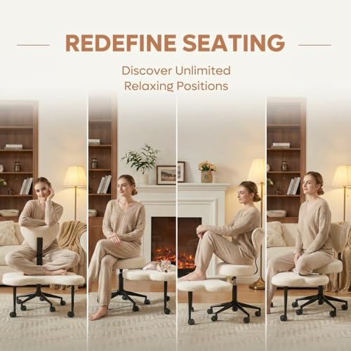 Image of Pinmoco Cross Legged Office Chair with Wheels, Teddy Fabric Criss Cross Chair for ADHD, 360 Swivel Adjustable Height Meditation Desk Chair with Lumbar Support for Home Office, Off White