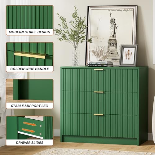 Image of Furniway Fluted Nightstands Set of 2, 31.5 inch Large Bedside Tables with 3 Drawers, Modern Wood Night Stands with Storage for Bedroom, Green