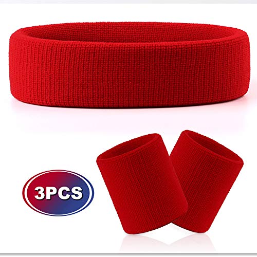 VENI MASEE - Juego de muñequeras y cinta para el pelo de felpa; absorben el sudor mientras se practica deporte, muñequeras y cinta deportivas, A3 rojo (1 diadema+2 pulseras).