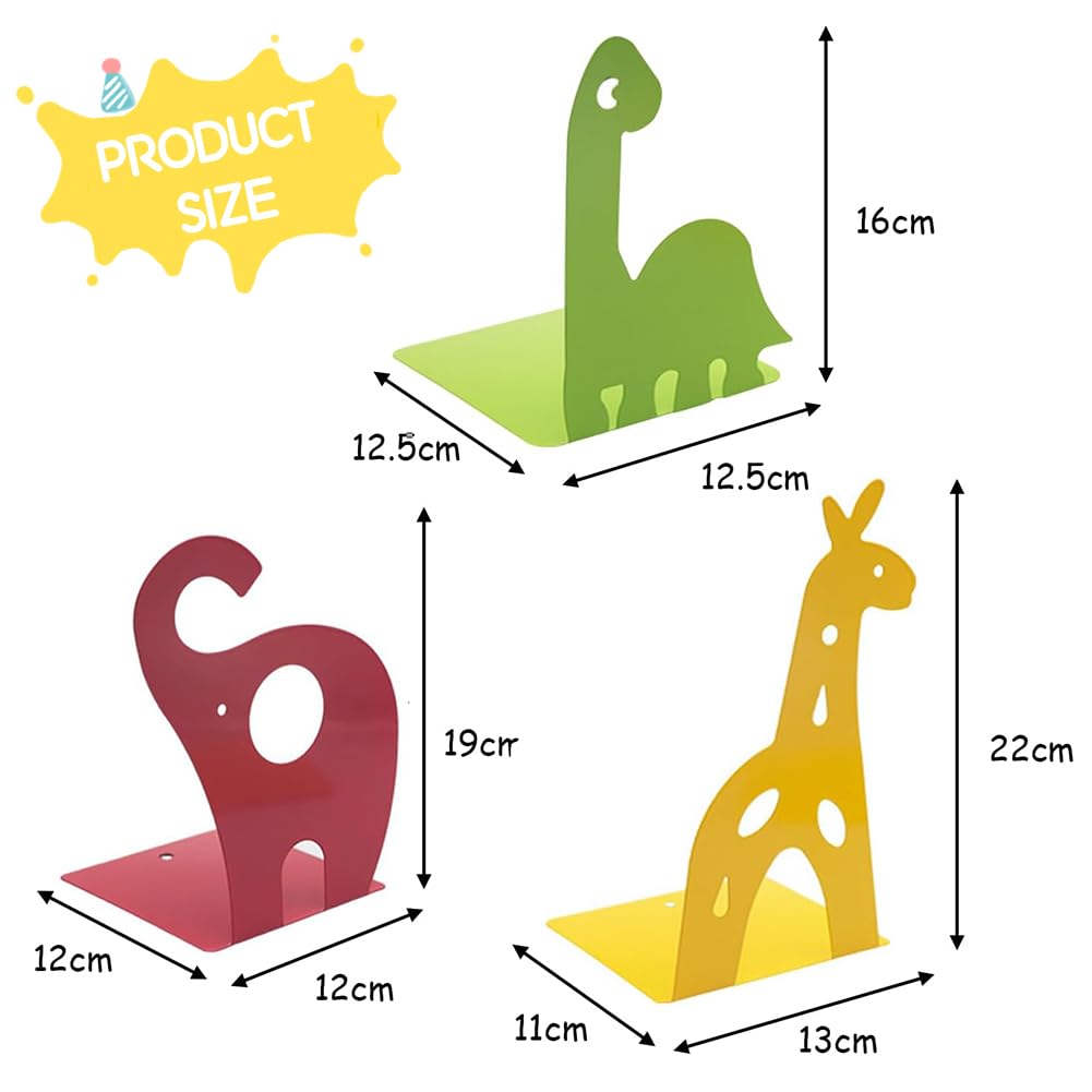 6 fermalibri per bambini, motivo: animali (elefante, dinosauro, giraffa) con base antiscivolo e bordi arrotondati, fermalibri colorati per scuola, cameretta dei bambini e casa