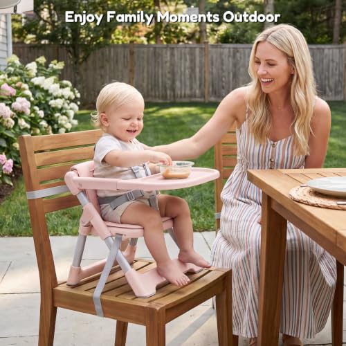 Image of Baby High Chair Booster Seat: Portable Booster Seat for Kitchen s Dining Chair Foldable Highchair - Travel Size Tool-Free Setup Adjustable Tray (Pink)