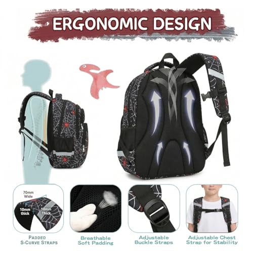 Image of Cusangel kids Backpack with lunch box for School Boys Girls 8-12ages,16in Bookbag Stitch,durable Water Resistant,7 Pockets, Adjustable Chest Strap,Large For Travel,Gifts (Red Spider Set-17in)