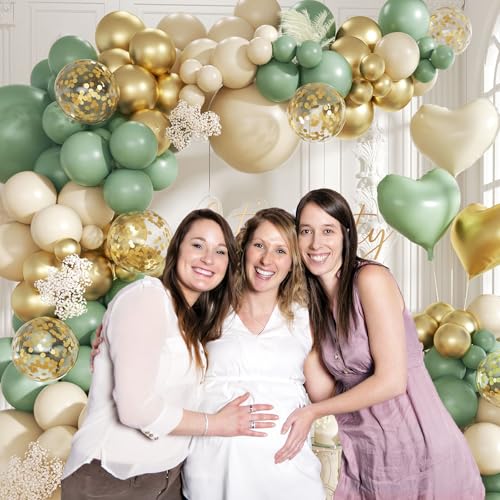 Image of 160Pcs Sage Green Gold Balloon Garland Arch Kit, Olive Green White Sand Gold Confetti Balloon with Heart Foil Balloons for Baby Shower Birthday Wedding Engagement Party Decorations