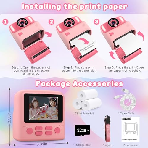 Amzelas Kids Instant Print Camera, Portable Toys Camera for Toddler, Print Black & White Photos Instantly, Ideal Birthday for Boys & Girls Ages 3–12 (Pink) — view 6