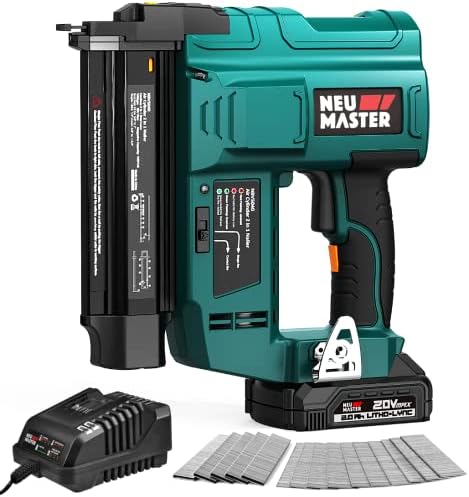 Cordless Brad Nailer NEU MASTER, 18 Gauge 2 in 1 Nail Gun/Staple Gun with 2.0Ah Li-ion Battery, 1000pcs Nails and 500pcs Staples Included, for Home Improvement, Woodworking.