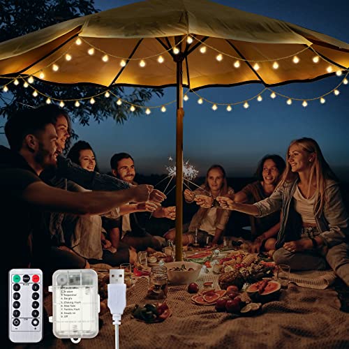 Image of 1 Pack 32 Feet Patio Umbrella Lights, 8 Lighting Modes LED String Lights with 64 Pcs Shatterproof Globe, Remote Control Battery & USB Powered, Waterproof Hanging Light Decorate for Patio