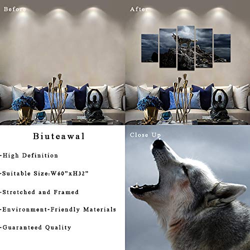 Biuteawal - 5 Piece Wall Art Painting Storm Mountain Picture Prints On Canvas Wolf Howling Poster Art Print For Home Modern Decoration Stretched And Framed Ready To Hang #TOP5