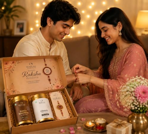 Image of Beany Day Raksha Bandhan Coffee Gift Hamper | Classic & Exotic Hazelnut Instant Coffee (80g Each) | Premium Rakhi Gift Set for Brother Sister | Ready to Gift Coffee Combo with Free Rakhi