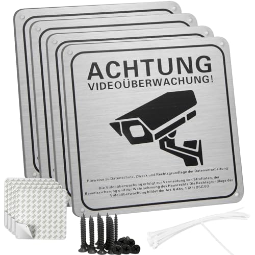 Sign 4 Stück Achtung Videoüberwachung Schild Privatgrundstück mit DSGVO Hinweis Schilder Aufkleber Videoüberwachung 15x15cm 100% Alu Selbstklebend und 4 Bohrlöcher für Außen