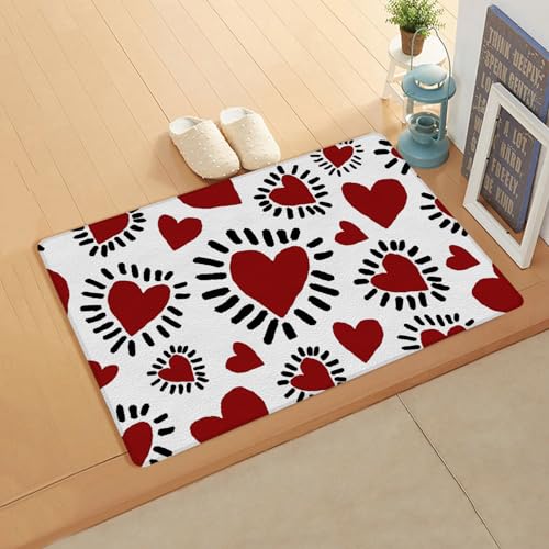 Red Love Kitchen Bath Door Mat Cushioned Runner Rug,Washable Welcome Floor Sink Antifatigue Mat,Waterproof & Non-Slip Comfort Standing Doormat,Valentine's Day Sweet Heart Holiday Black White 18