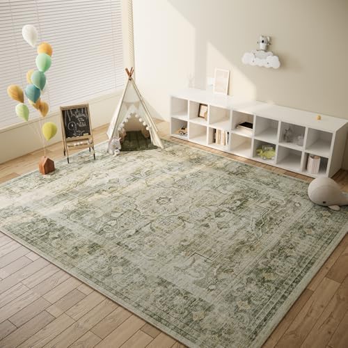 Machine Washable Living Room Rug: 5'x7' Bedroom Area Rug Boho Vintage Large Rugs Stain Resistant Non Slip Low Pile Faux Wool Soft Rug for Dining Room Bedside Kitchen Entryway Nursery Home Office