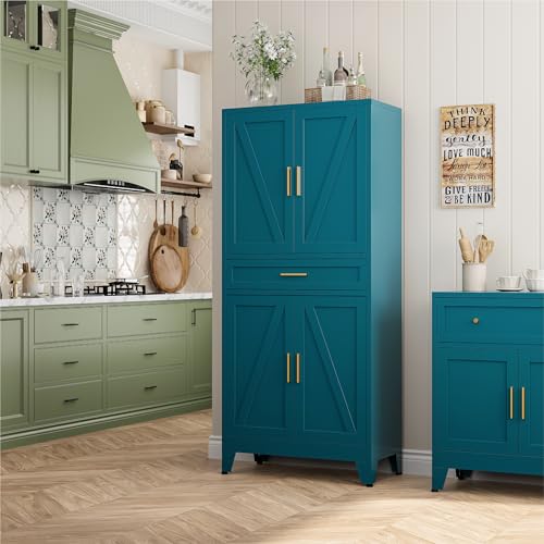 Image of Bevivog Tall Storage Cabinet with Drawers, Metal Pantry Cabinets with Doors and Shelves, 71 inch Bookshelf with 4 Doors, Freestanding Cupboard for Kitchen /Pantry /Living Room /Laundry