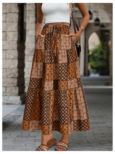 Verdusa Women's Vintage Boho Graphic A Line Skirt Tiered Layered Elastic Western Long Skirt with Pockets4