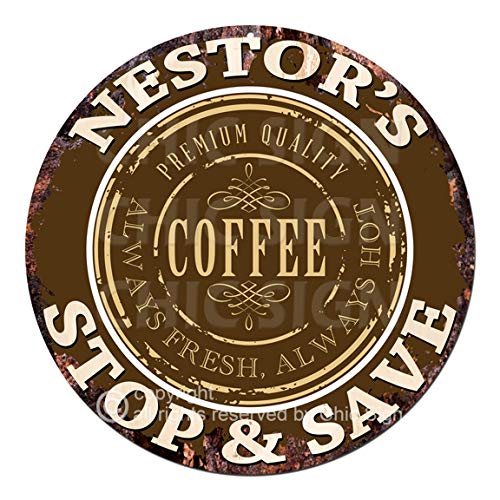 NESTOR’S COFFEE Always fresh hot Custom Personalized Chic Sign coaster Mugs Rustic Shabby Vintage style Retro Kitchen Bar Pub Coffee Shop man cave Decor Mother's Day Father's Day Christmas Gift