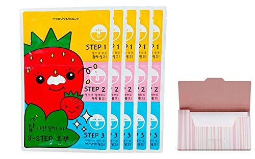 Seedless Strawberry Seeds 3-step Nose Pack 5 Set Bundle with Oil Blotting Paper. Strips Pore Cleaning Blackhead Remover