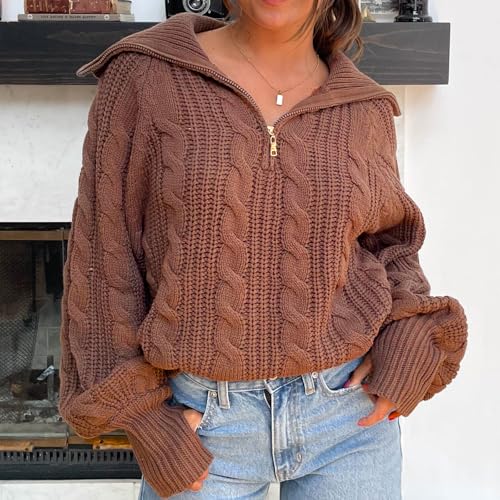 Women Quarter Zip Sweaters Chunky Knit Pullover Sweater Long Sleeve Warm Fashion V Neck Oversized Knitted Top3