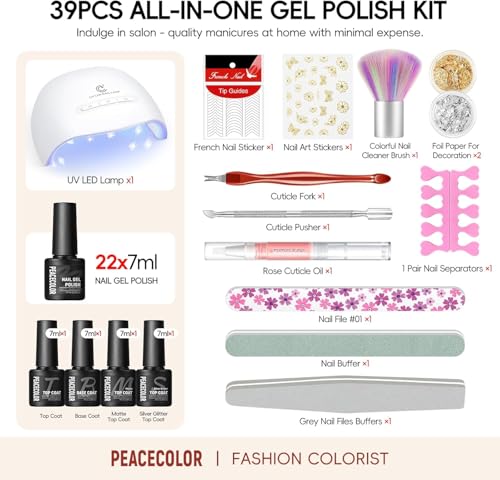 PEACECOLOR Gel Nagellack UV Set mit UV Lampe 44 PCS,22 Farben Gelnägel Kit,4 Stück Base Top Coat,Rosa Rot Lila Gelnägel Starterset Gel Nägel Selber Set Geschenk für Frauen