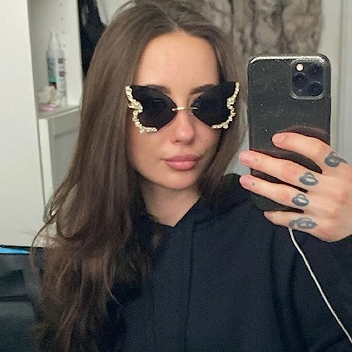 Female Diamond Butterfly Sunglasses for Women UV Protection Vintage Party Rimless Rhinestone bling Sunglasses Eyewear (black)3