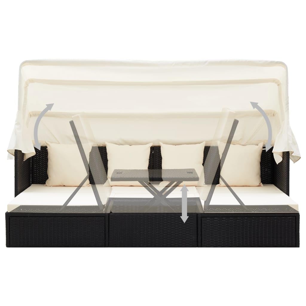 vidaXL Gartenbett mit Dach Sonnenliege Gartenliege mit Sonnenschutz Chaiselongue Sonnenbett mit Klapptisch Outdoor Lounge Schwarz Poly Rattan