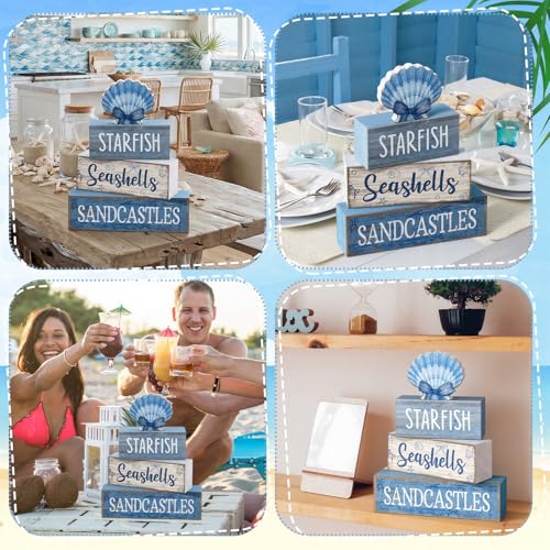 Image of Moucuny 4 Pcs Nautical Beach Decor Shell Tiered Tray Decoration Blue Bow Table Centerpieces Summer Rustic Decorative Block Signs Gift Farmhouse Table Sign for Home Kitchen Shelf