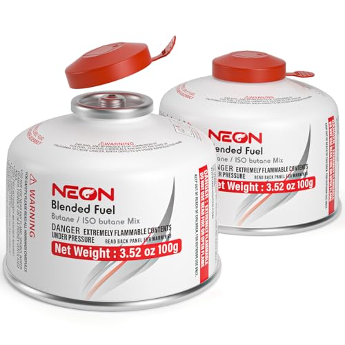 NEON Isobutane Fuel Canister, Portable Camping Gas 100g, Efficient and High Output Butane for Camp Stove, Backpacking, Hiking, Lanterns, Outdoor Cooking, Suitable for All Seasons, 2 Cans