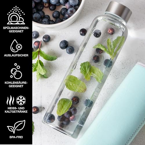 Moritz & Moritz Trinkflasche Glas 500ml - Für Kohlensäure geeignet und Auslaufsicher - Glasflasche für Sport, Schule, Uni oder Arbeit - Mit schützendem Wendebezug aus Neopren